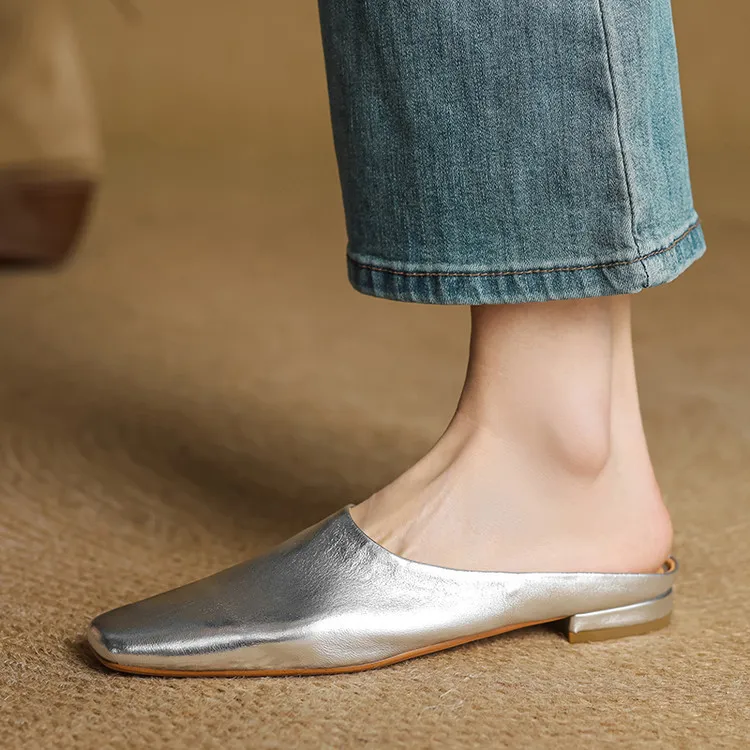 Spring single shoes, square toe, chunky heel, low heel, cowhide closed toe slippers, size 3-25c
