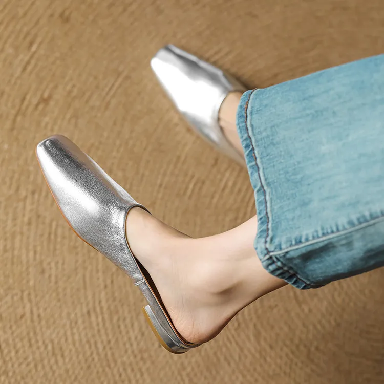 Spring single shoes, square toe, chunky heel, low heel, cowhide closed toe slippers, size 3-25c