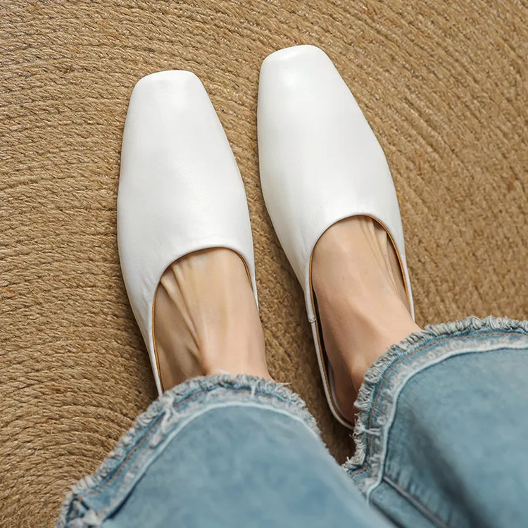 Spring single shoes, square toe, chunky heel, low heel, cowhide closed toe slippers, size 3-25c