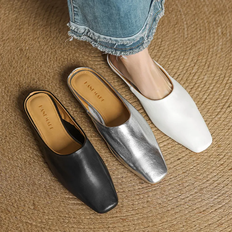 Spring single shoes, square toe, chunky heel, low heel, cowhide closed toe slippers, size 3-25c