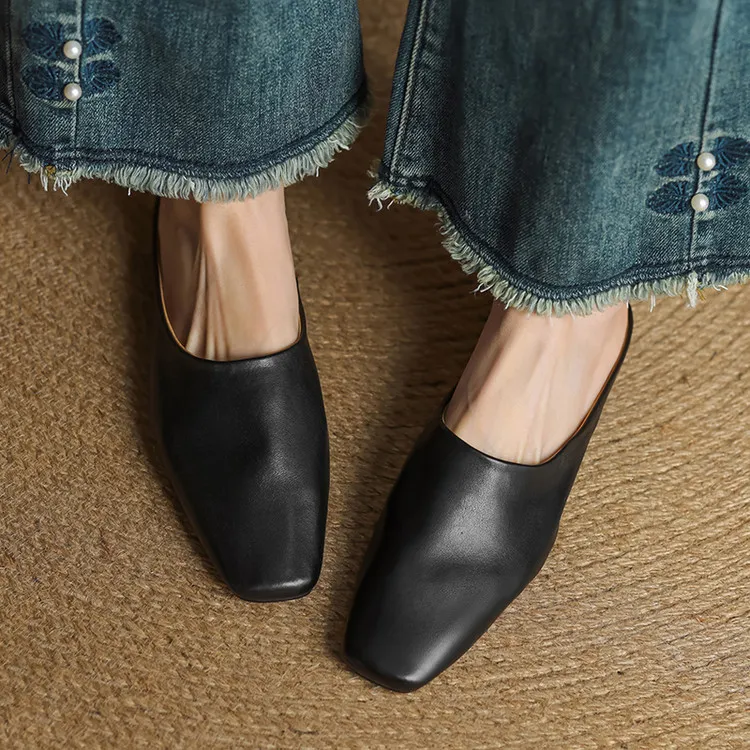 Spring single shoes, square toe, chunky heel, low heel, cowhide closed toe slippers, size 3-25c