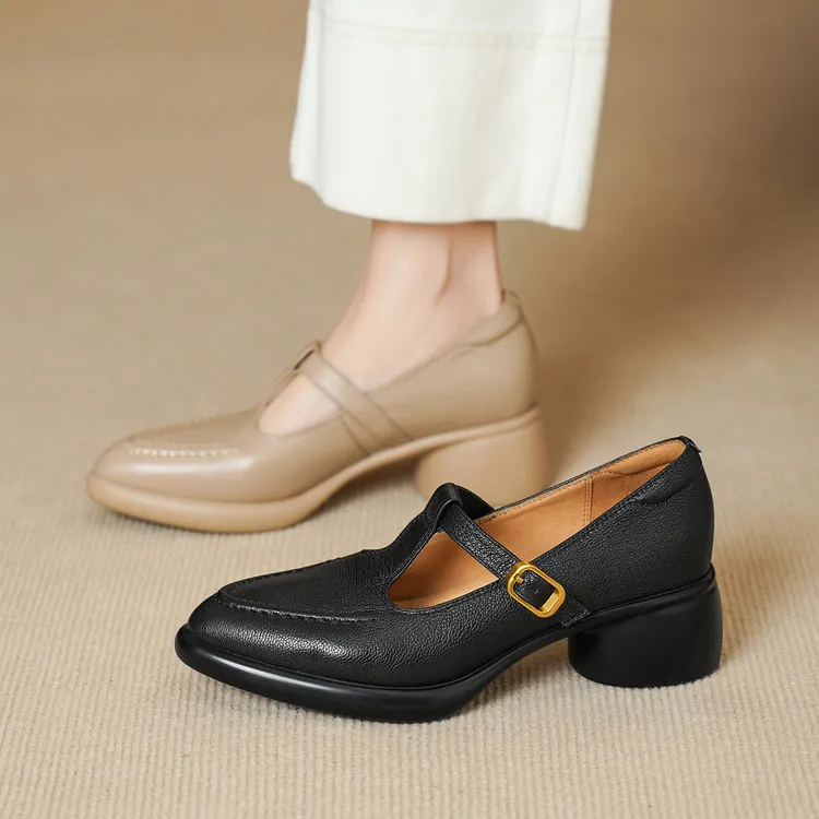 Spring single shoes, round toe, chunky heel, high heel, buckle, sheepskin fashion women's shoes 3-19x