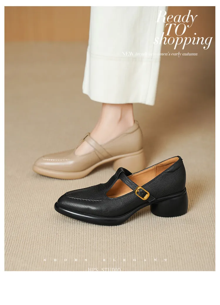 Spring single shoes, round toe, chunky heel, high heel, buckle, sheepskin fashion women's shoes 3-19x
