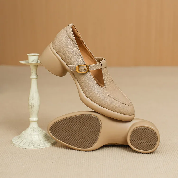 Spring single shoes, round toe, chunky heel, high heel, buckle, sheepskin fashion women's shoes 3-19x