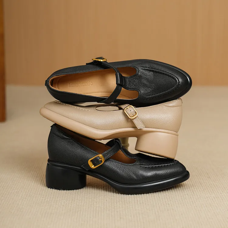 Spring single shoes, round toe, chunky heel, high heel, buckle, sheepskin fashion women's shoes 3-19x