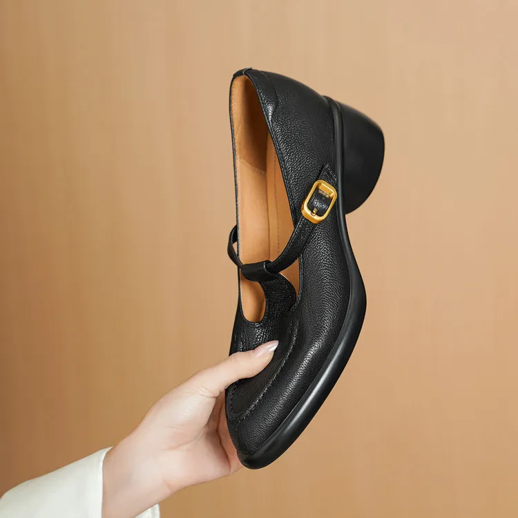 Spring single shoes, round toe, chunky heel, high heel, buckle, sheepskin fashion women's shoes 3-19x