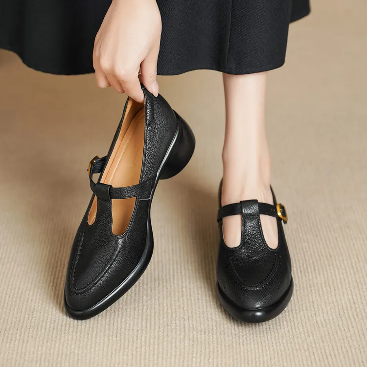 Spring single shoes, round toe, chunky heel, high heel, buckle, sheepskin fashion women's shoes 3-19x