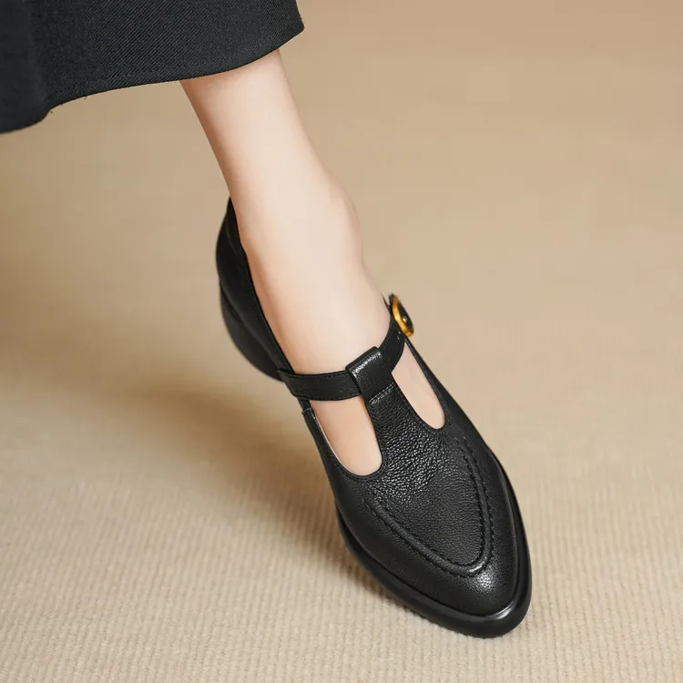 Spring single shoes, round toe, chunky heel, high heel, buckle, sheepskin fashion women's shoes 3-19x