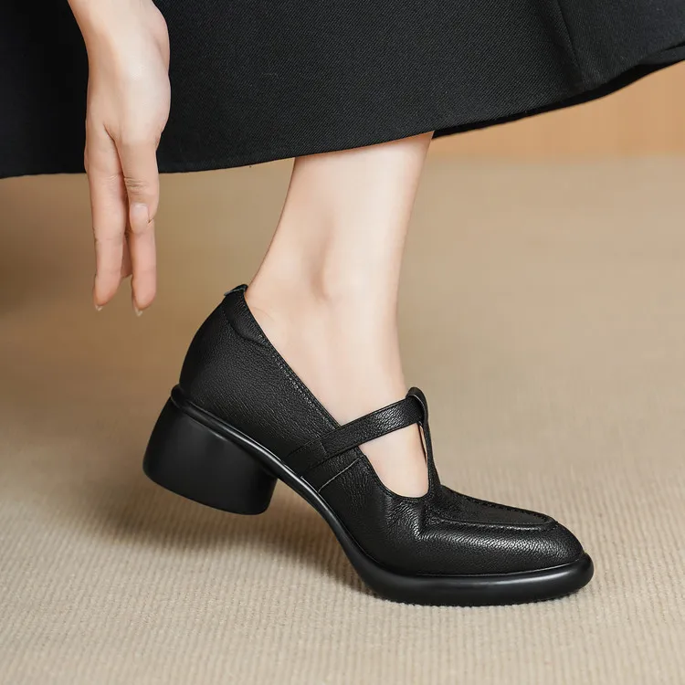 Spring single shoes, round toe, chunky heel, high heel, buckle, sheepskin fashion women's shoes 3-19x