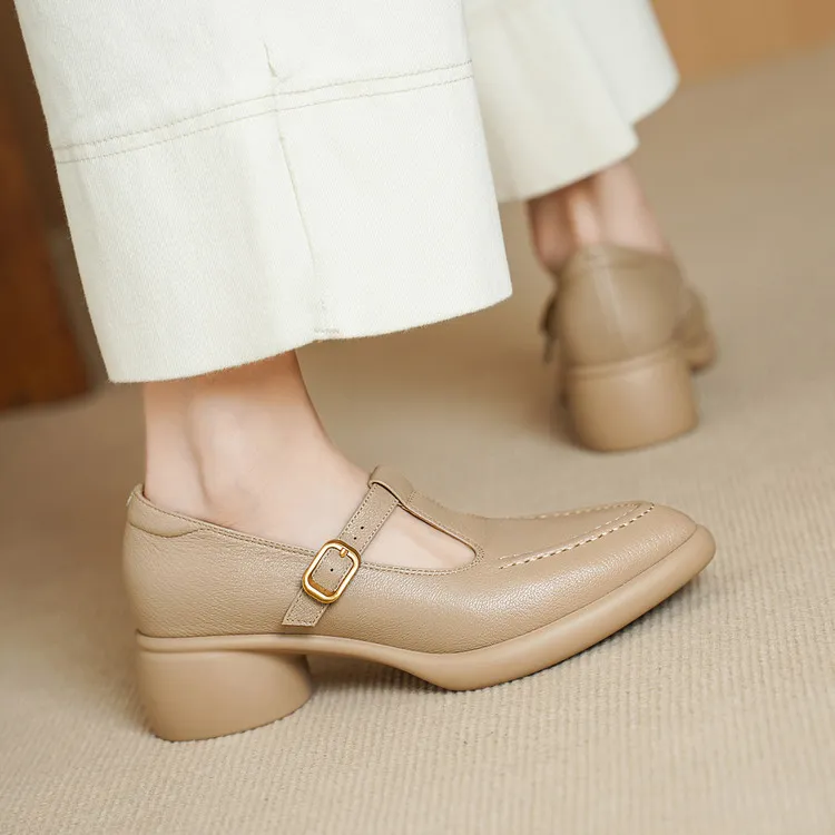 Spring single shoes, round toe, chunky heel, high heel, buckle, sheepskin fashion women's shoes 3-19x