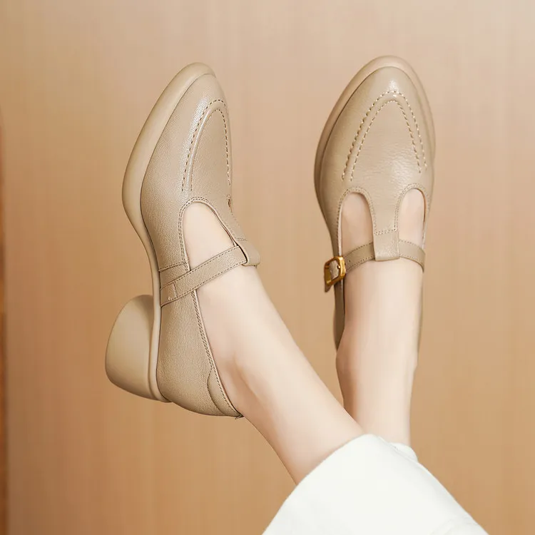Spring single shoes, round toe, chunky heel, high heel, buckle, sheepskin fashion women's shoes 3-19x