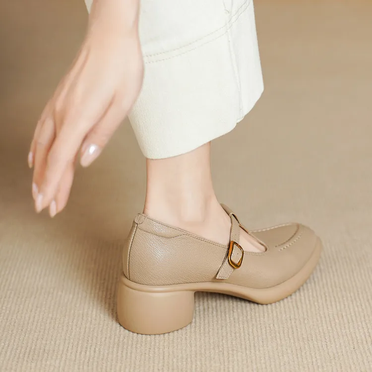 Spring single shoes, round toe, chunky heel, high heel, buckle, sheepskin fashion women's shoes 3-19x