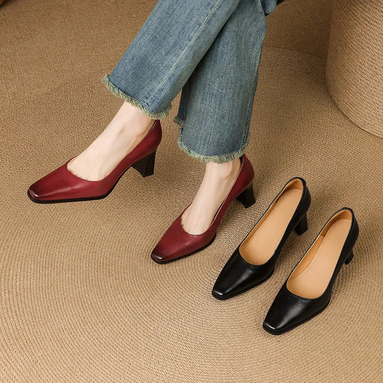 Spring single shoes, round toe, chunky heel, high-heeled fashion leather women's shoes, black and burgundy, 3-22i