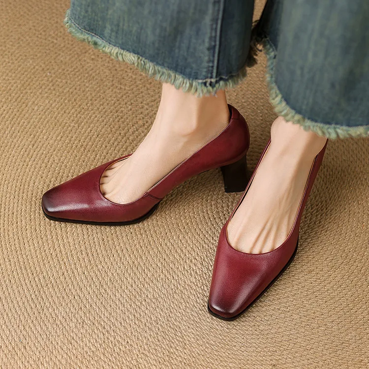 Spring single shoes, round toe, chunky heel, high-heeled fashion leather women's shoes, black and burgundy, 3-22i