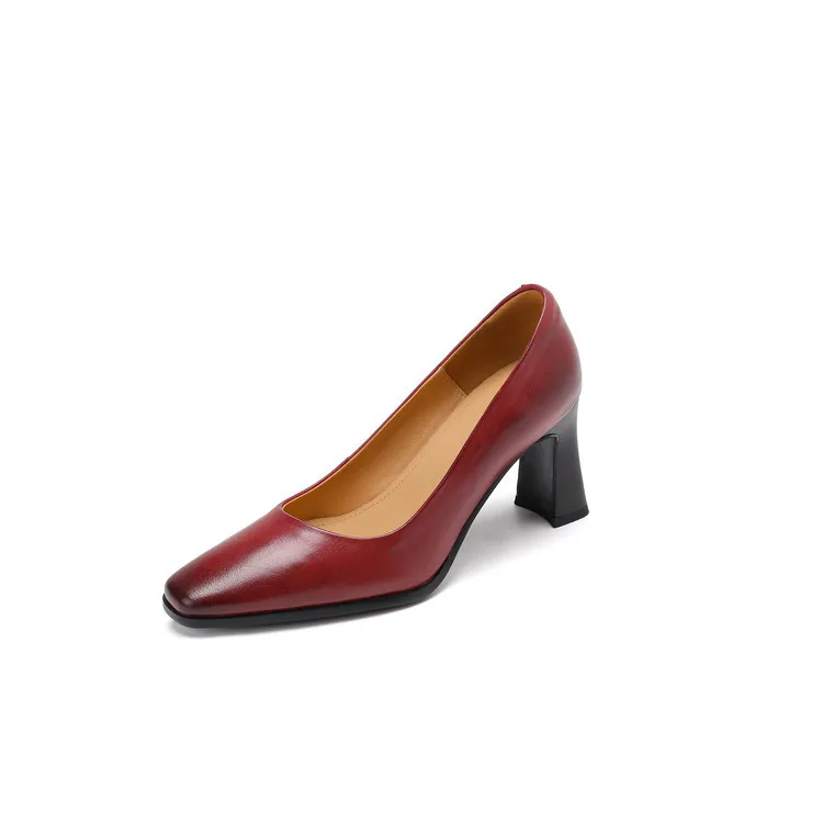 Spring single shoes, round toe, chunky heel, high-heeled fashion leather women's shoes, black and burgundy, 3-22i