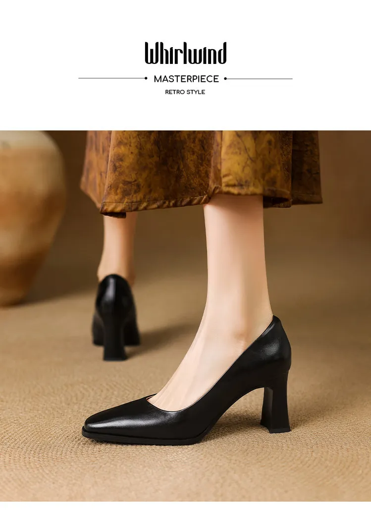 Spring single shoes, round toe, chunky heel, high-heeled fashion leather women's shoes, black and burgundy, 3-22i