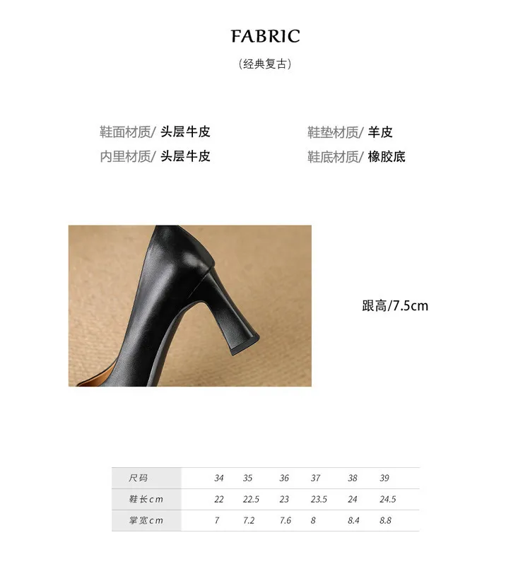 Spring single shoes, round toe, chunky heel, high-heeled fashion leather women's shoes, black and burgundy, 3-22i