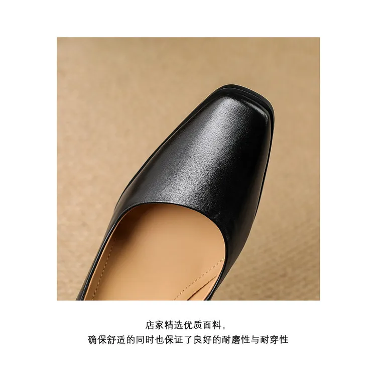 Spring single shoes, round toe, chunky heel, high-heeled fashion leather women's shoes, black and burgundy, 3-22i