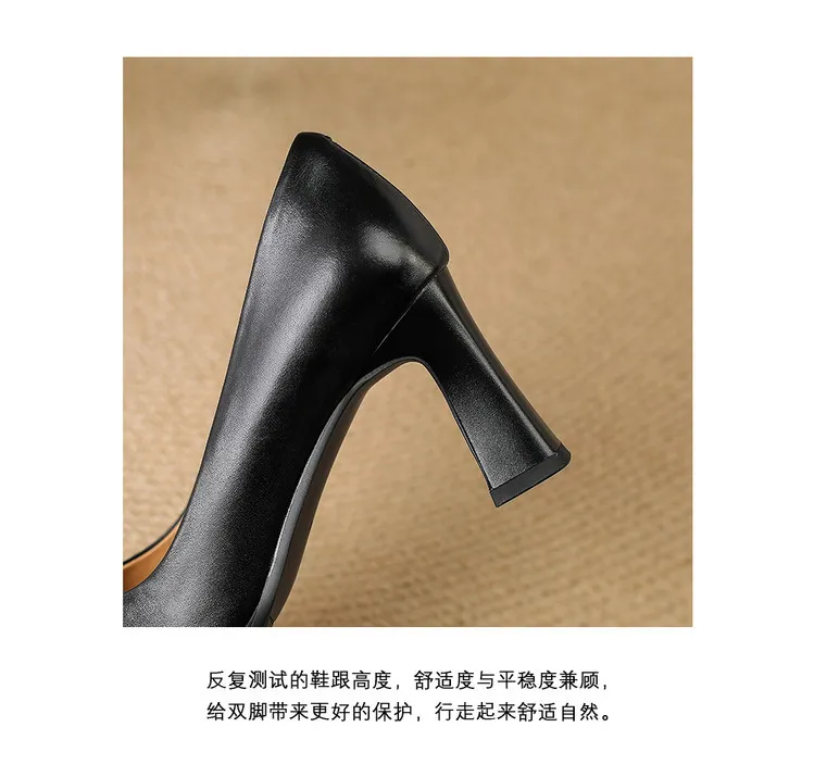 Spring single shoes, round toe, chunky heel, high-heeled fashion leather women's shoes, black and burgundy, 3-22i
