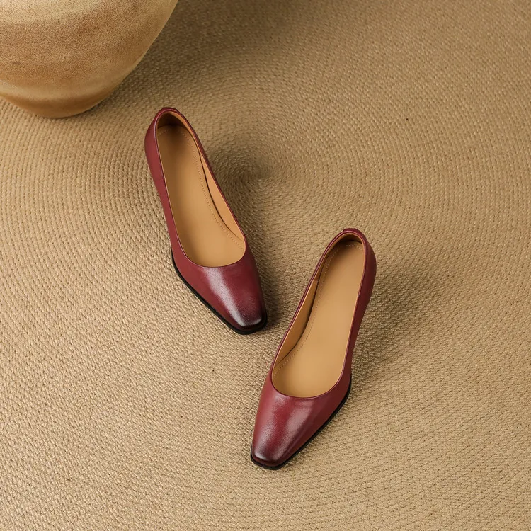 Spring single shoes, round toe, chunky heel, high-heeled fashion leather women's shoes, black and burgundy, 3-22i