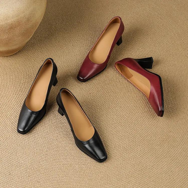 Spring single shoes, round toe, chunky heel, high-heeled fashion leather women's shoes, black and burgundy, 3-22i