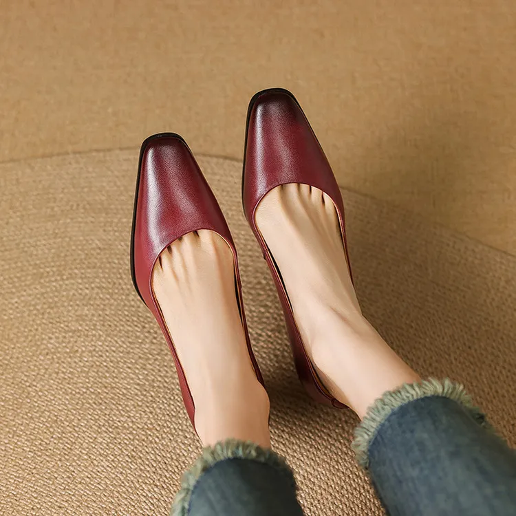 Spring single shoes, round toe, chunky heel, high-heeled fashion leather women's shoes, black and burgundy, 3-22i