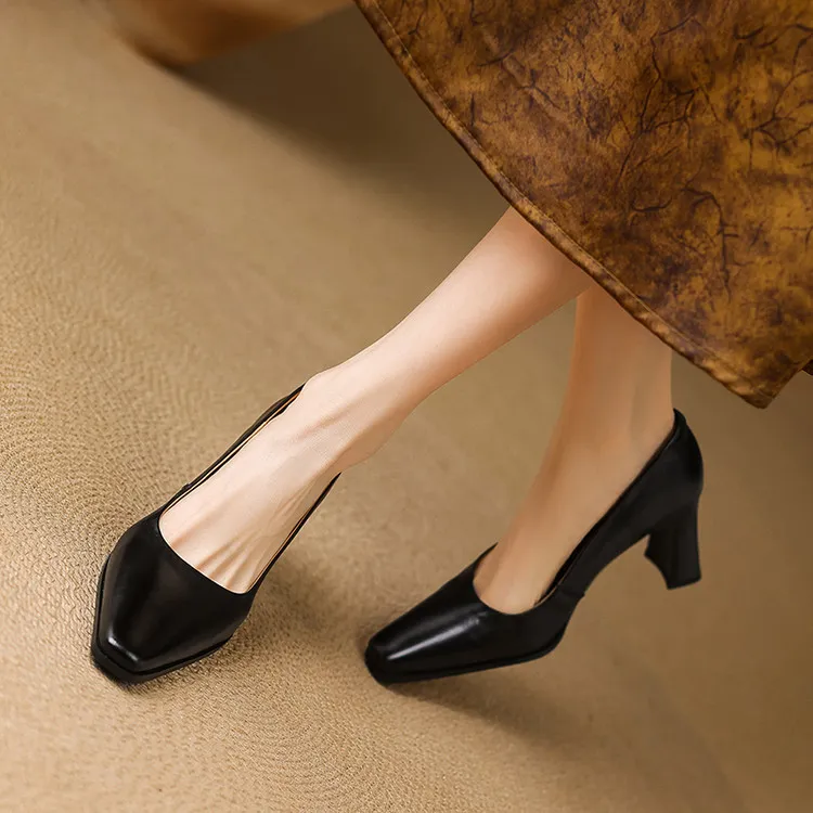 Spring single shoes, round toe, chunky heel, high-heeled fashion leather women's shoes, black and burgundy, 3-22i