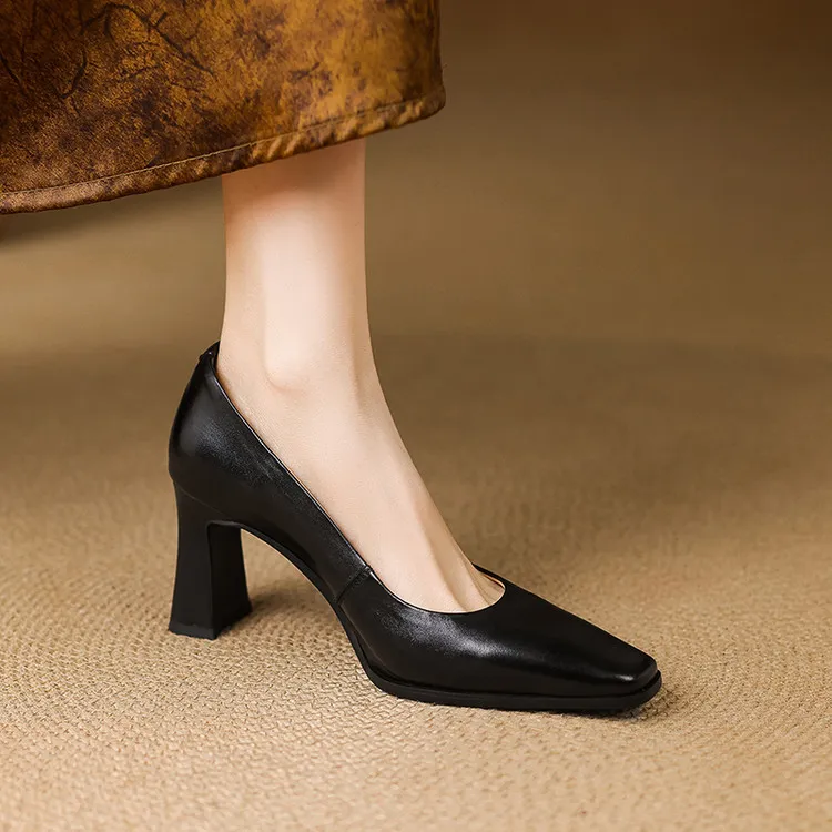 Spring single shoes, round toe, chunky heel, high-heeled fashion leather women's shoes, black and burgundy, 3-22i