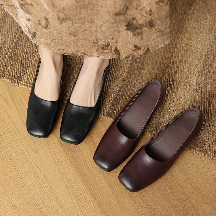 Spring single shoes, square toe, chunky heel, slip-on cowhide fashion women's shoes, 3-22n