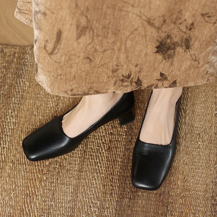 Spring single shoes, square toe, chunky heel, slip-on cowhide fashion women's shoes, 3-22n