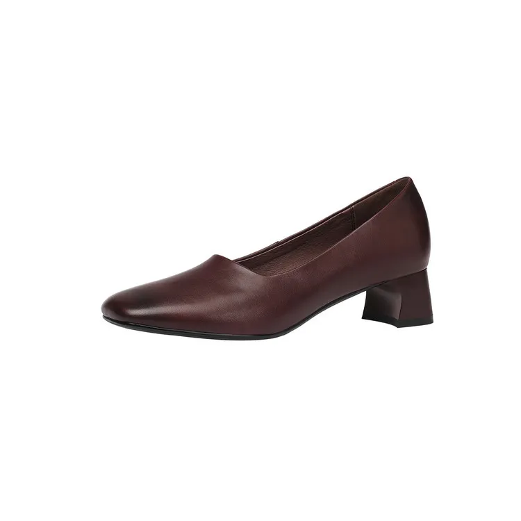 Spring single shoes, square toe, chunky heel, slip-on cowhide fashion women's shoes, 3-22n