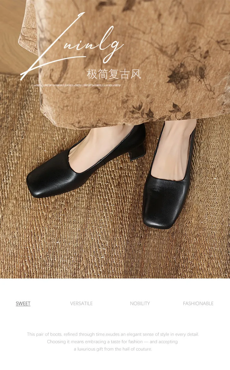 Spring single shoes, square toe, chunky heel, slip-on cowhide fashion women's shoes, 3-22n