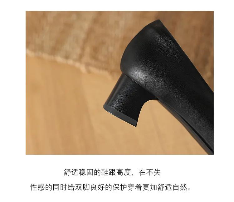 Spring single shoes, square toe, chunky heel, slip-on cowhide fashion women's shoes, 3-22n
