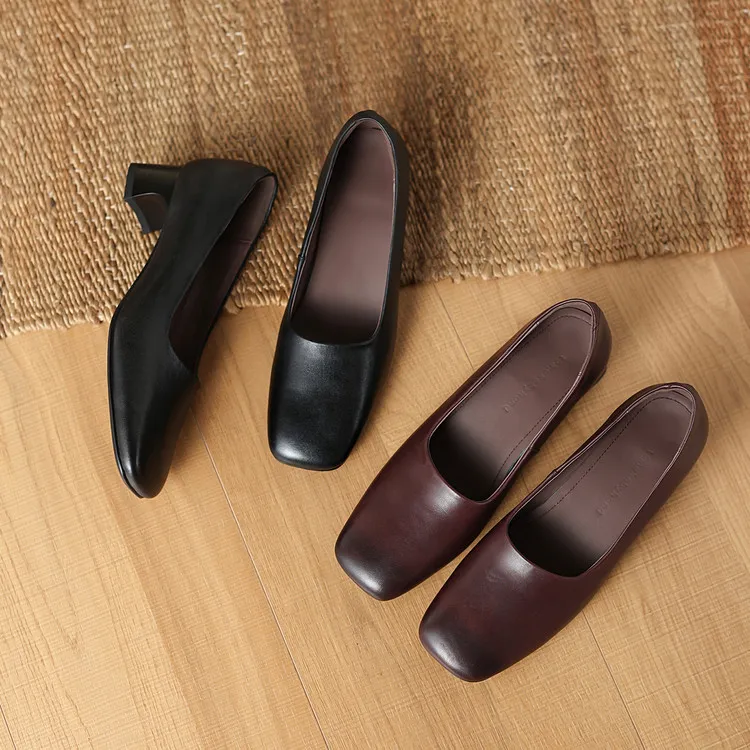 Spring single shoes, square toe, chunky heel, slip-on cowhide fashion women's shoes, 3-22n