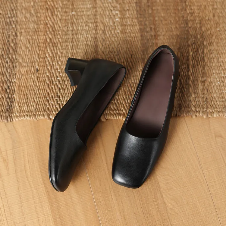 Spring single shoes, square toe, chunky heel, slip-on cowhide fashion women's shoes, 3-22n