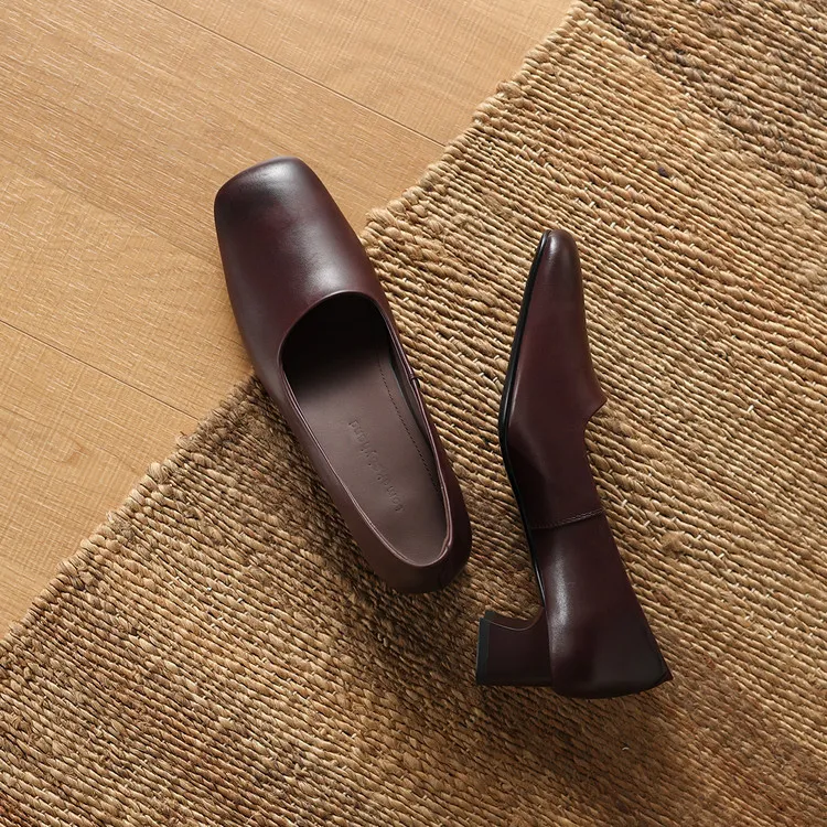 Spring single shoes, square toe, chunky heel, slip-on cowhide fashion women's shoes, 3-22n