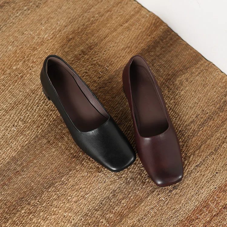 Spring single shoes, square toe, chunky heel, slip-on cowhide fashion women's shoes, 3-22n