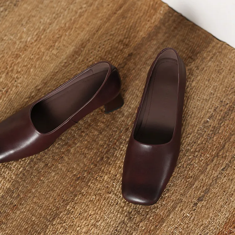 Spring single shoes, square toe, chunky heel, slip-on cowhide fashion women's shoes, 3-22n