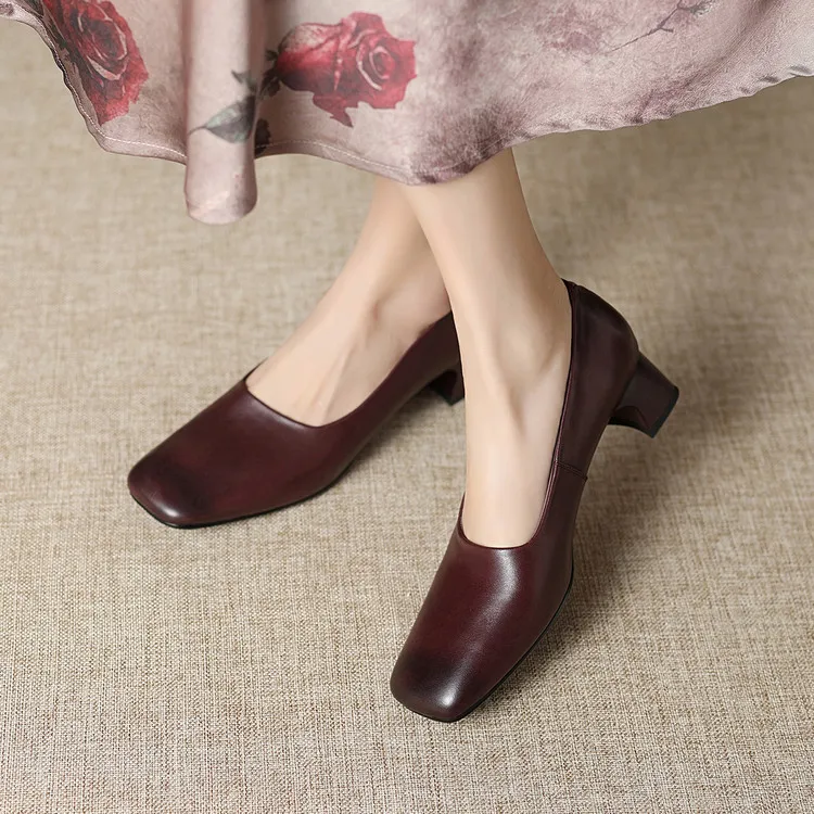 Spring single shoes, square toe, chunky heel, slip-on cowhide fashion women's shoes, 3-22n