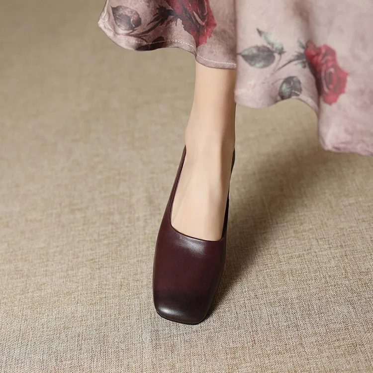 Spring single shoes, square toe, chunky heel, slip-on cowhide fashion women's shoes, 3-22n