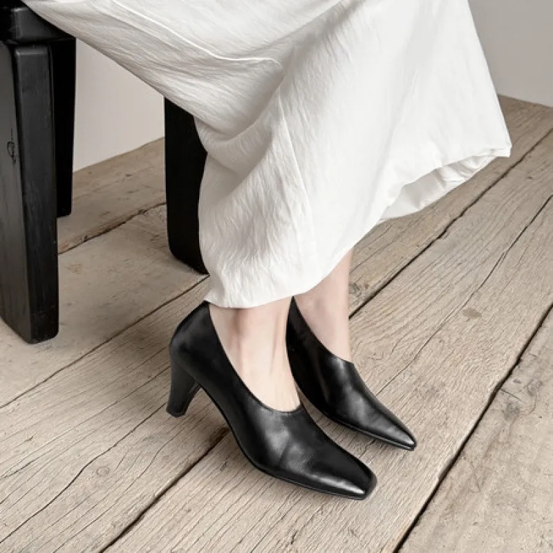 Spring single shoes, square toe, chunky heel, high heel, deep opening, slip-on, minimalist fashion women's shoes
