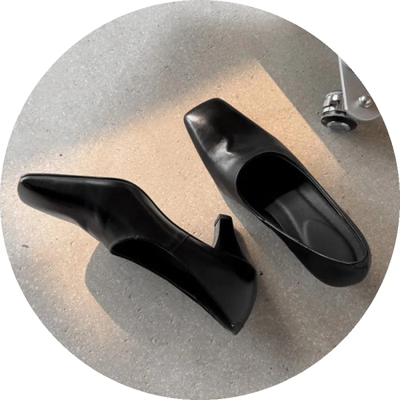 Spring single shoes, square toe, chunky heel, high heel, deep opening, slip-on, minimalist fashion women's shoes