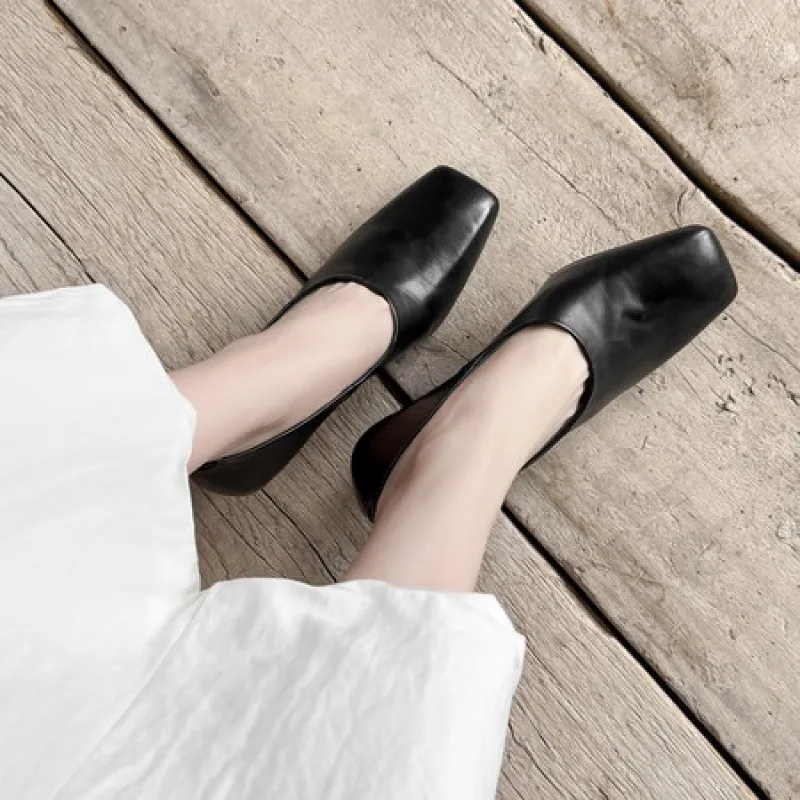 Spring single shoes, square toe, chunky heel, high heel, deep opening, slip-on, minimalist fashion women's shoes