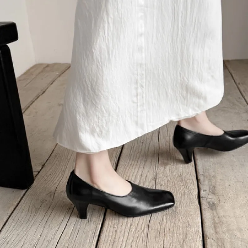 Spring single shoes, square toe, chunky heel, high heel, deep opening, slip-on, minimalist fashion women's shoes