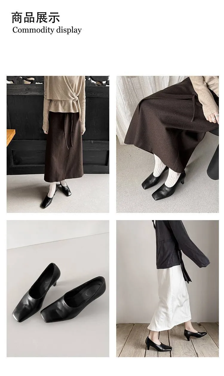 Spring single shoes, square toe, chunky heel, high heel, deep opening, slip-on, minimalist fashion women's shoes