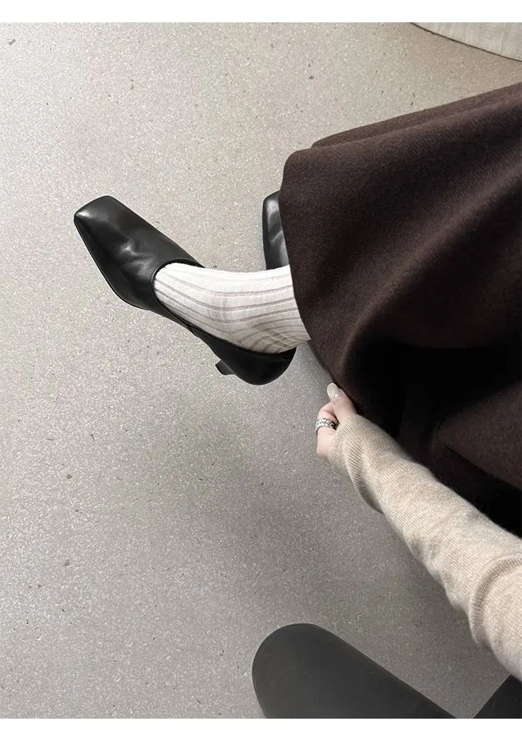 Spring single shoes, square toe, chunky heel, high heel, deep opening, slip-on, minimalist fashion women's shoes