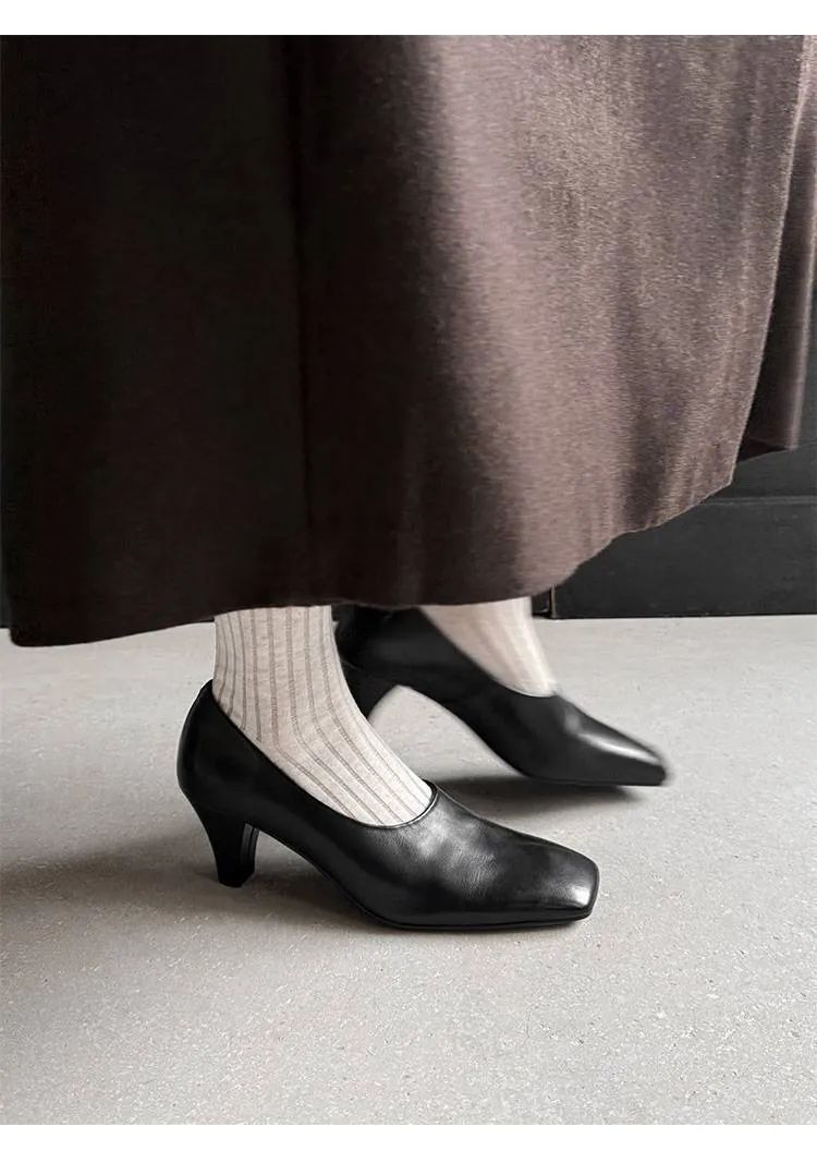 Spring single shoes, square toe, chunky heel, high heel, deep opening, slip-on, minimalist fashion women's shoes