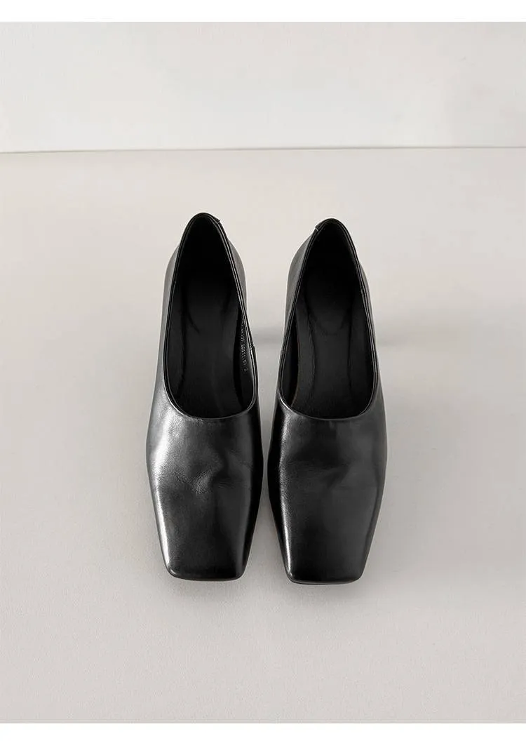 Spring single shoes, square toe, chunky heel, high heel, deep opening, slip-on, minimalist fashion women's shoes