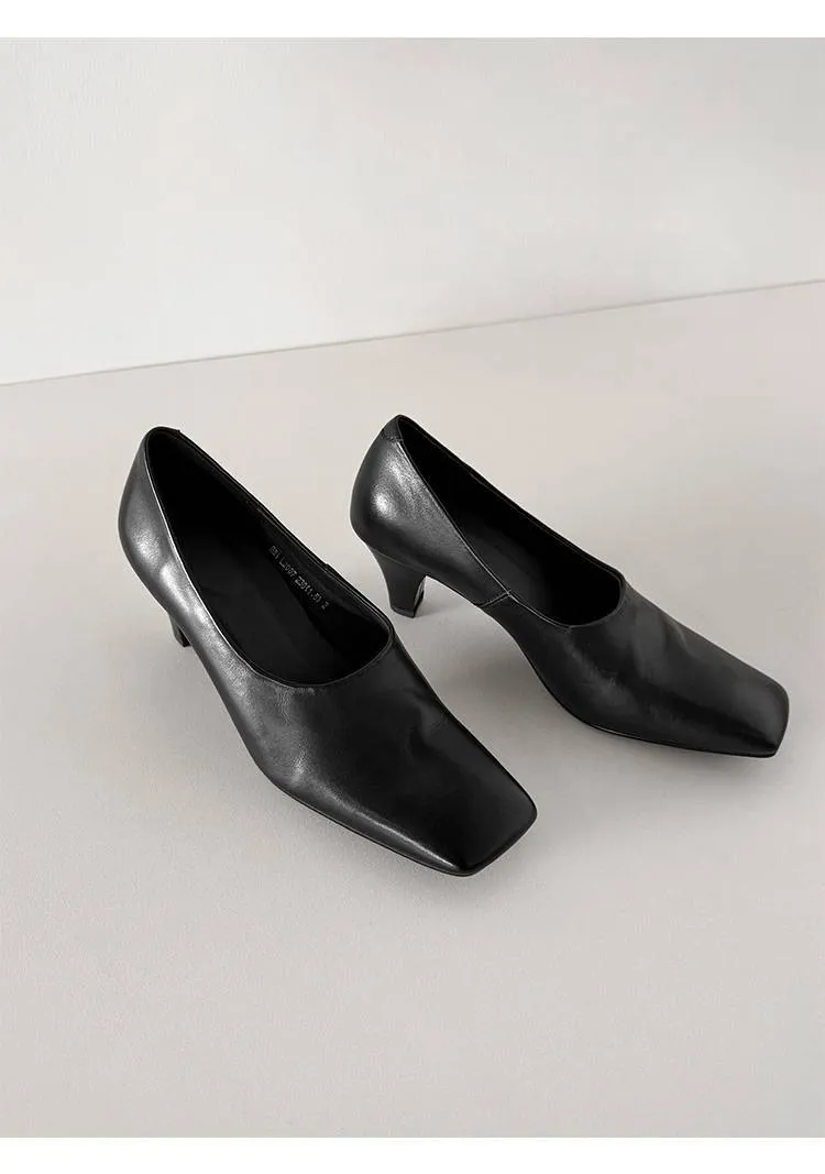 Spring single shoes, square toe, chunky heel, high heel, deep opening, slip-on, minimalist fashion women's shoes