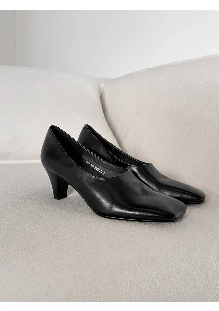 Spring single shoes, square toe, chunky heel, high heel, deep opening, slip-on, minimalist fashion women's shoes